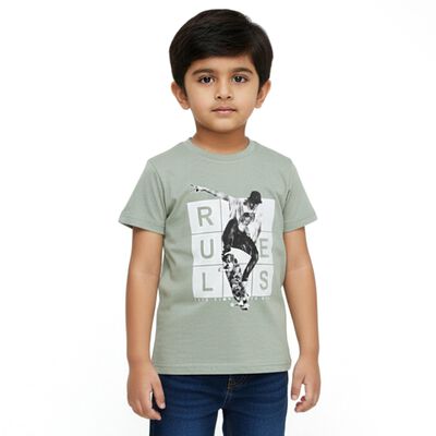 Boys Light Sage Green Cotton Round Neck Casual T-Shirt