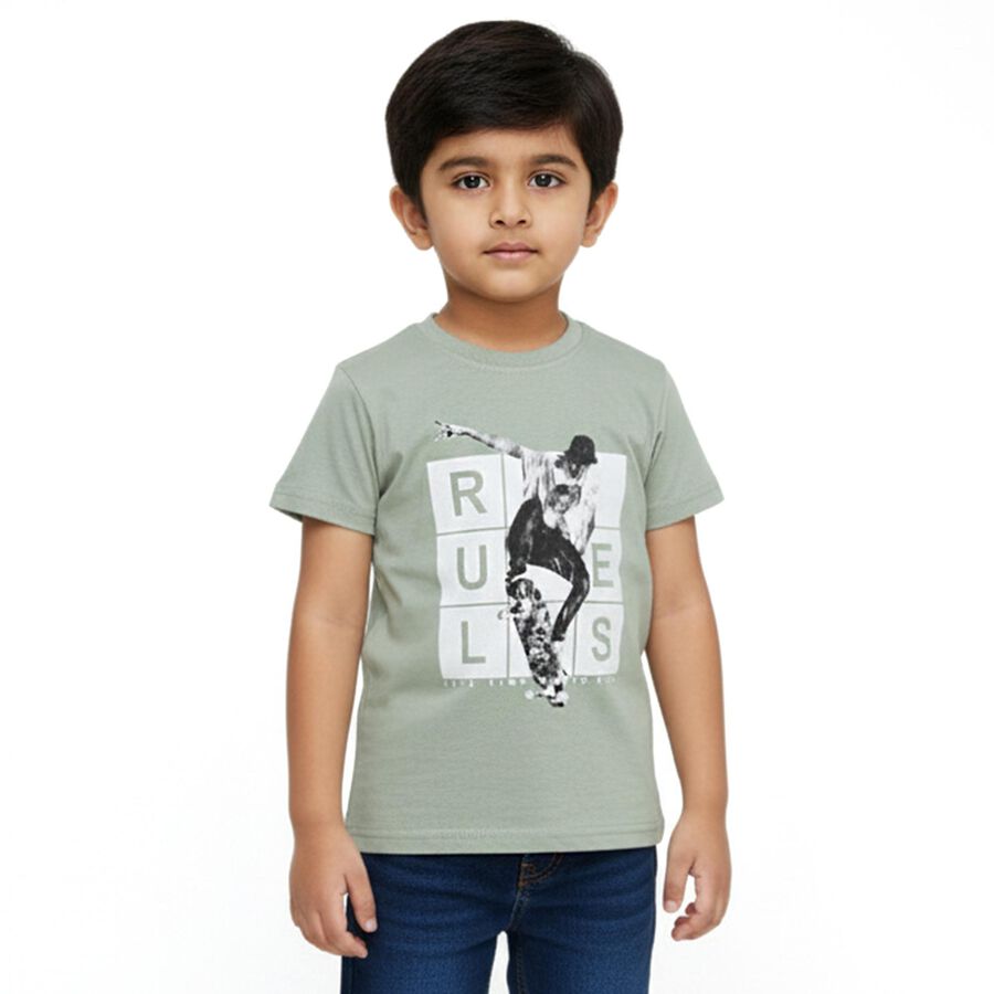 Boys Light Sage Green Cotton Round Neck Casual T-Shirt, हल्का हरा, large image number null