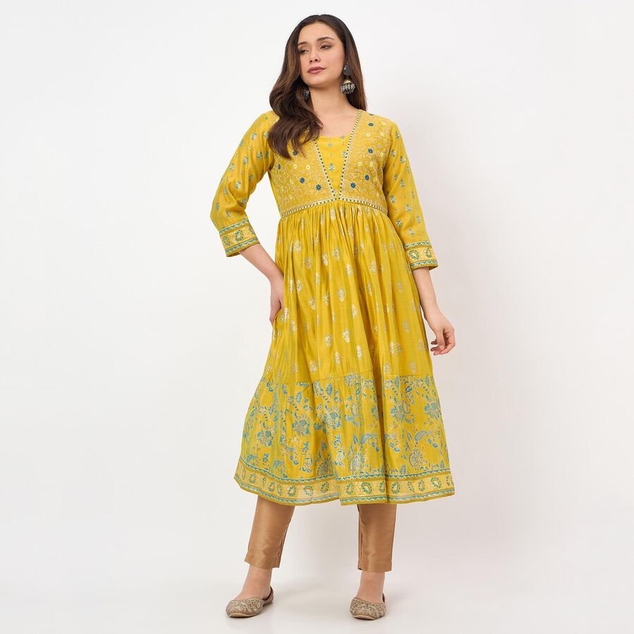 Women's Green Round Neck Floral Printed Kurta, हल्का हरा, large