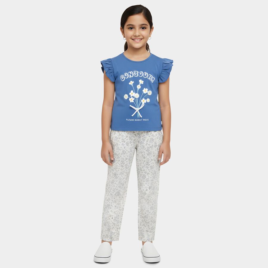 Girls' Navy Blue Cotton Round Neck Casual Graphic Print T-Shirt, गहरा नीला, large