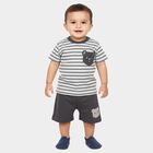 Infants' Grey Cotton Round Neck Striped Baba Suit, हल्का ग्रे, small