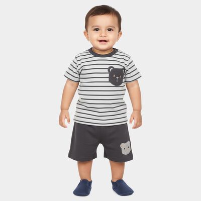 Infants' Grey Cotton Round Neck Striped Baba Suit
