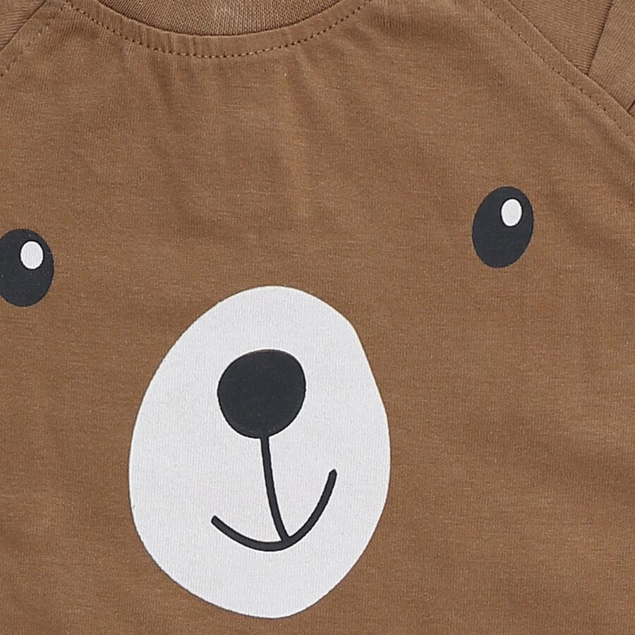 Infants' Beige and Brown Cotton Round Neck Printed Baba Suit, गहरा पीला, large image number null