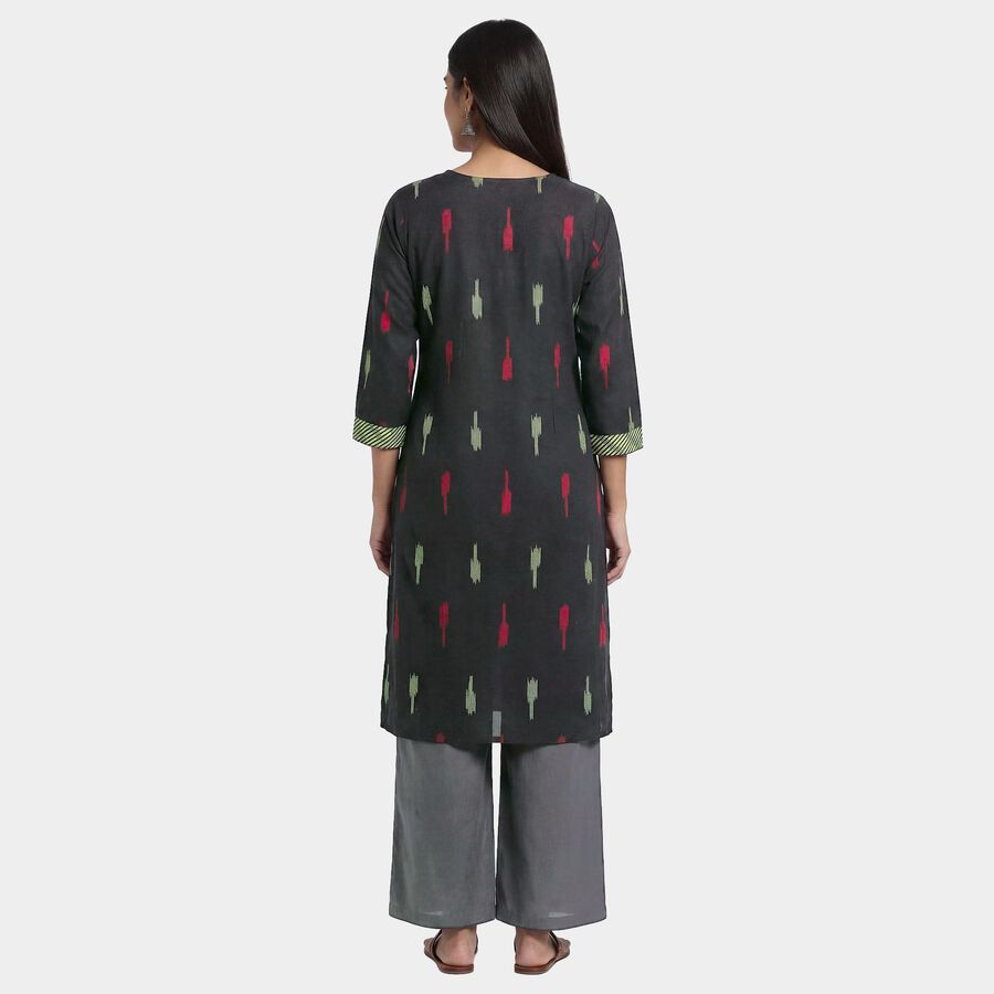 Women's Black Cotton Round Neck Embroidered Kurta, Black, large