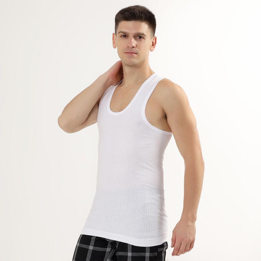 Men's Bright White Cotton Deep Neck Sleeveless Vest, White, large image number null