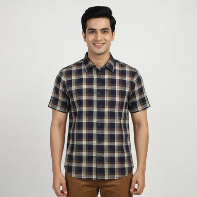Men's Navy Blue Cotton Casual Shirt