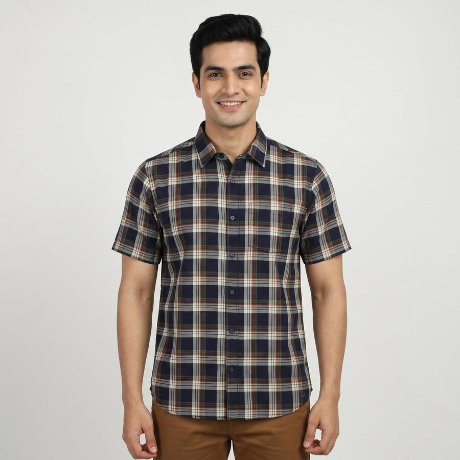 Men's Navy Blue Cotton Casual Shirt, नेवी ब्लू, large