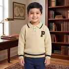 Boys' Cream Polo Collar Long Sleeve Pullover, ऑफ व्हाइट, small