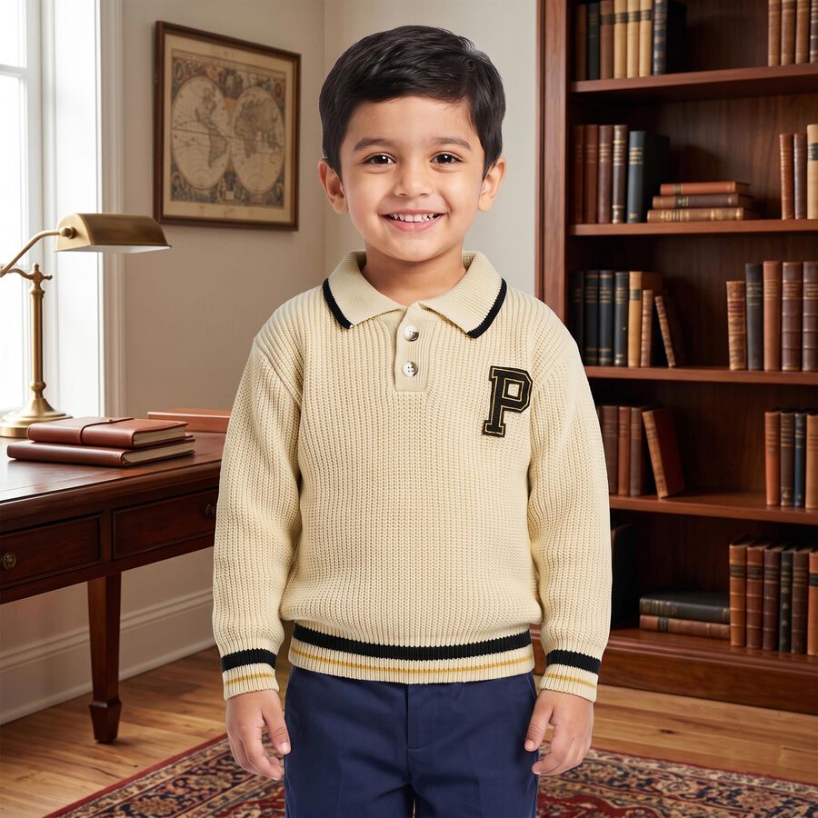 Boys' Cream Polo Collar Long Sleeve Pullover, ऑफ व्हाइट, large