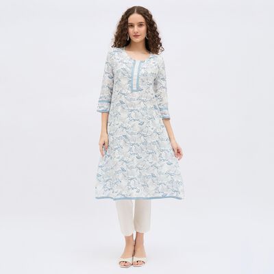 Women's Light Blue Round Neck Printed Kurta