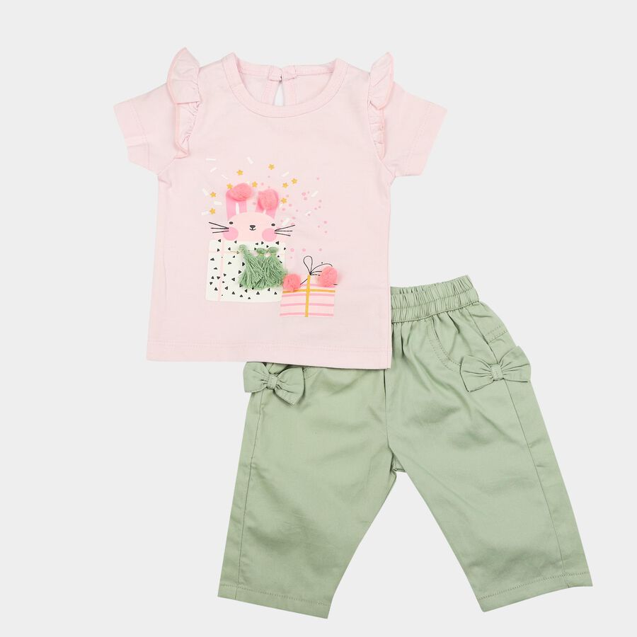 Infants Pink Cotton Round Neck T-Shirt Set Upper and Bottom Set, हल्का गुलाबी, large