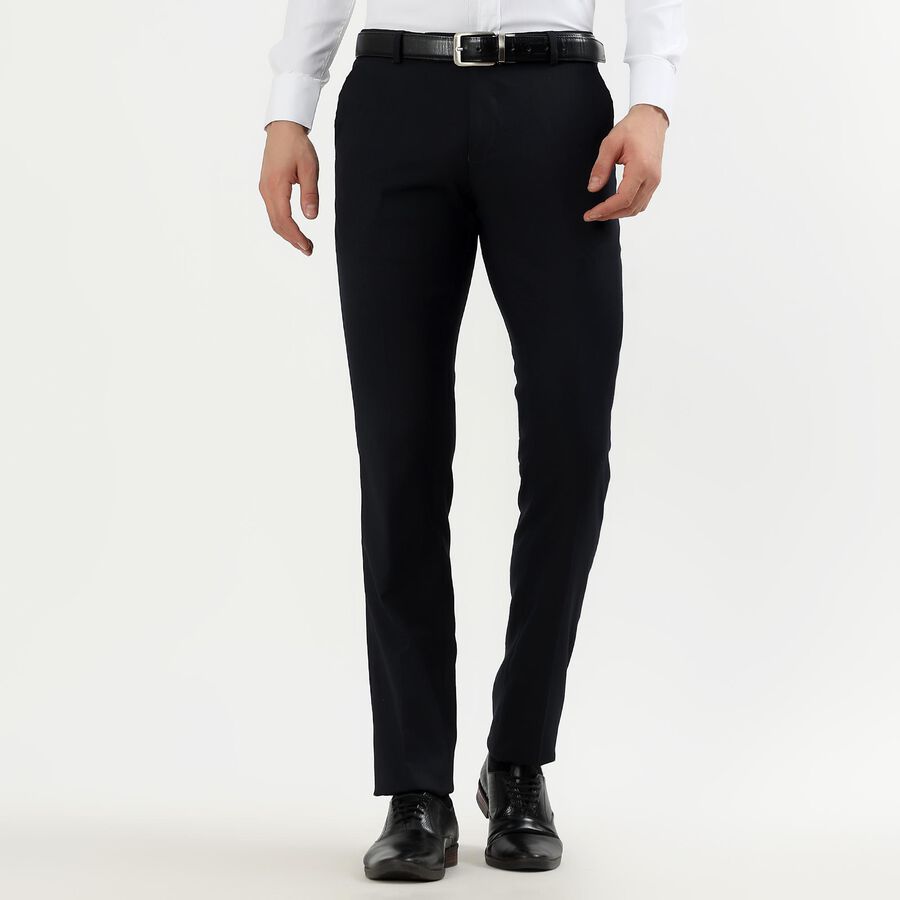Men's Jet Black Slim Fit Flat-Front Formal Trousers, Navy Blue, large image number null