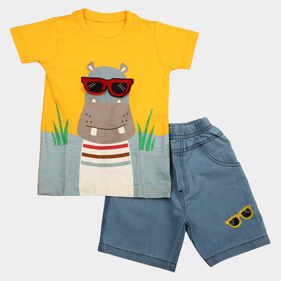 Boys' Yellow 100% Cotton Round Neck Graphic Print Baba Suit, मस्टर्ड, large