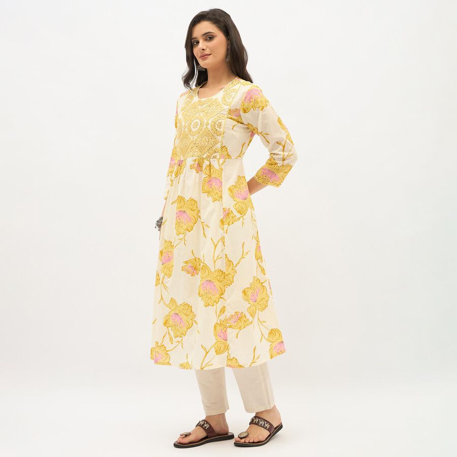 Women's Light Cream Round Neck Embroidered Floral Kurti, पीला, large image number null