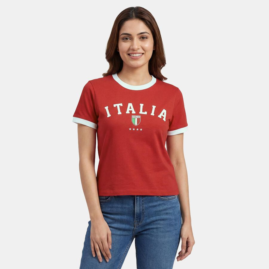 Women's Fuchsia Cotton Blend Round Neck Casual Graphic T-Shirt, रानी (फ्यूशिया), large