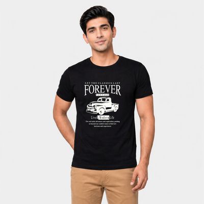 Men's Black Round Neck Regular Graphic Print T-Shirt