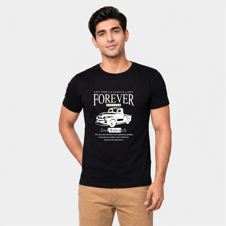 Men's Black Round Neck Regular Graphic Print T-Shirt, Black, large
