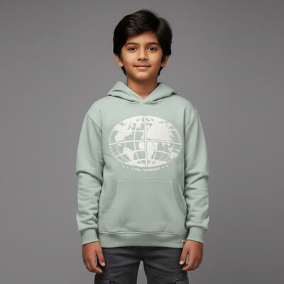 Boys Light Sage Green Hooded Casual Sweatshirt