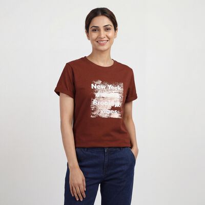 Women's Rust Round Neck Casual T-Shirt