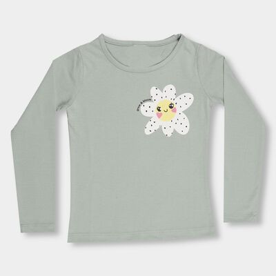 Girls Light Sage Green Cotton Round Neck Casual Top