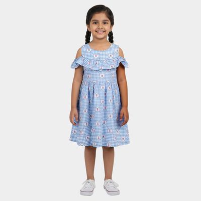 Girls' Light Blue Cotton Blend Sleeveless A-Line Frock