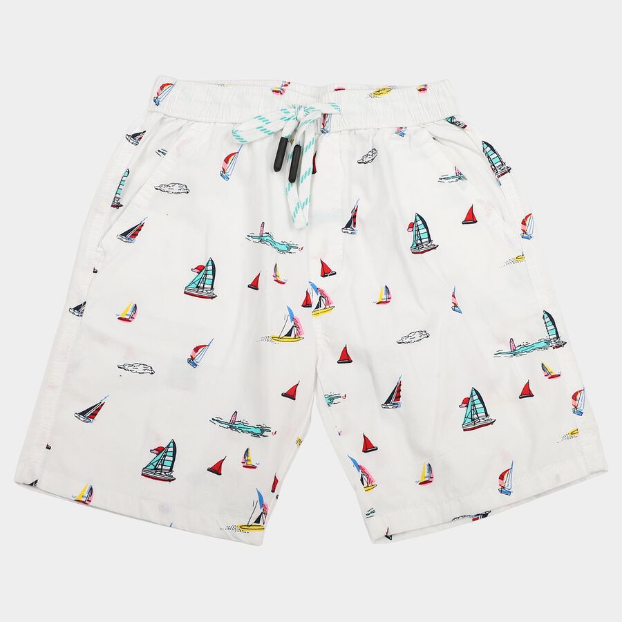 Boys White Regular Fit Printed Bermuda Shorts, सफ़ेद, large