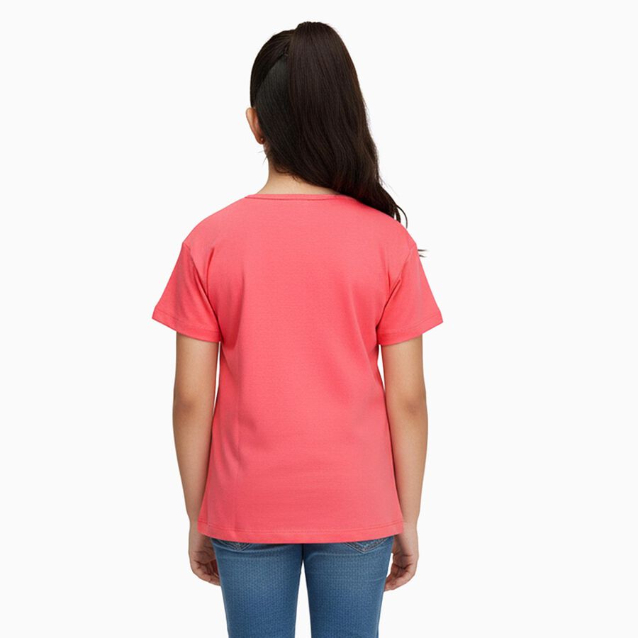 Girls Bright Coral Pink Cotton Round Neck Casual T-Shirt, Pink, large