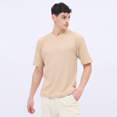 Men's Light Beige Round Neck Casual T-Shirt