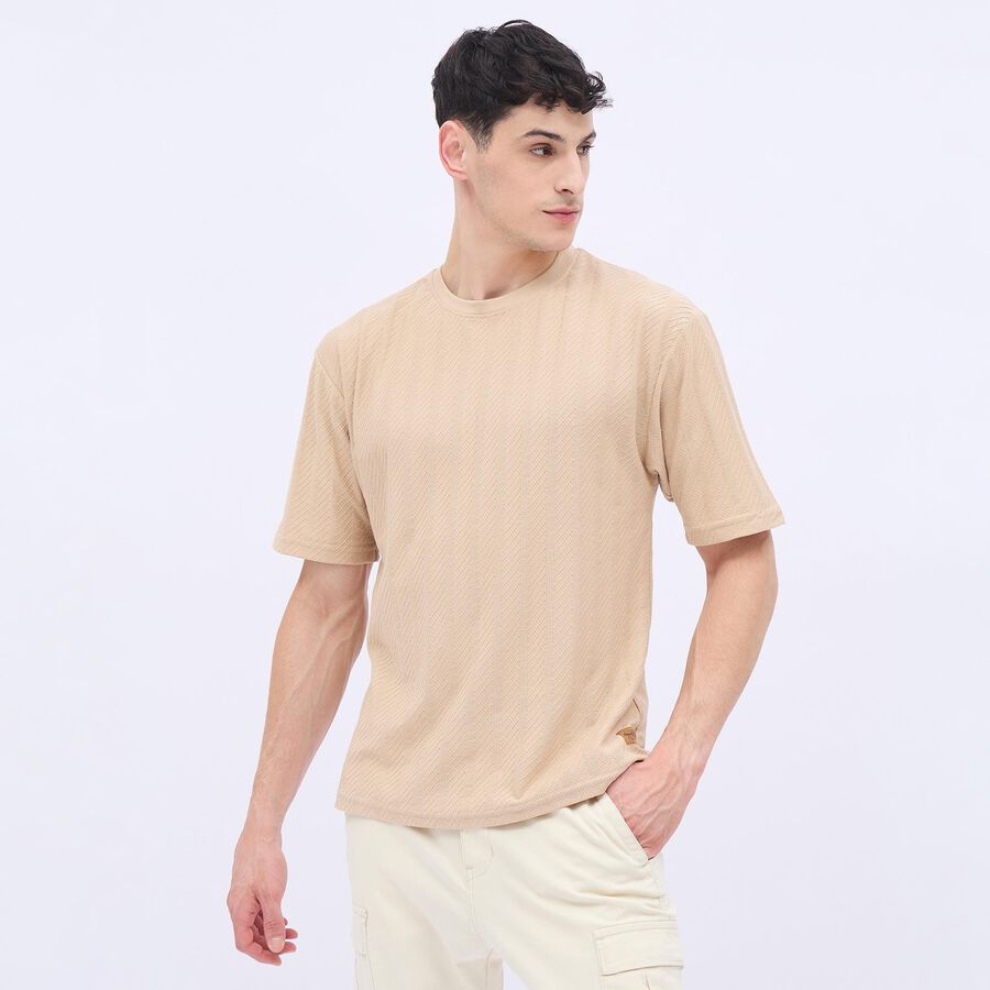Men's Light Beige Round Neck Casual T-Shirt, गहरा पीला, large image number null