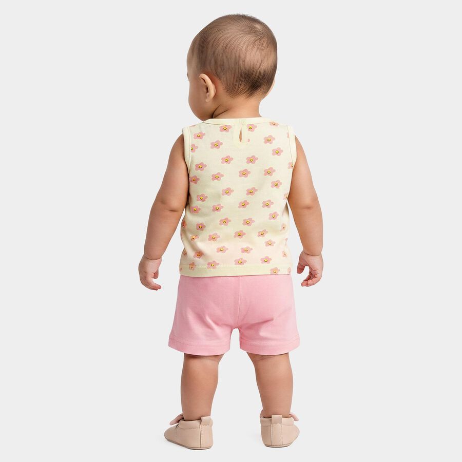 Infants Yellow Cotton Round Neck Printed Top And Shorts Set, Yellow, large