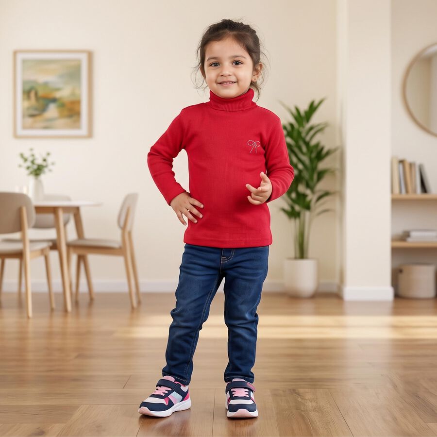 Girls' Fuchsia Turtleneck Embellished Pullover, Fuchsia, large