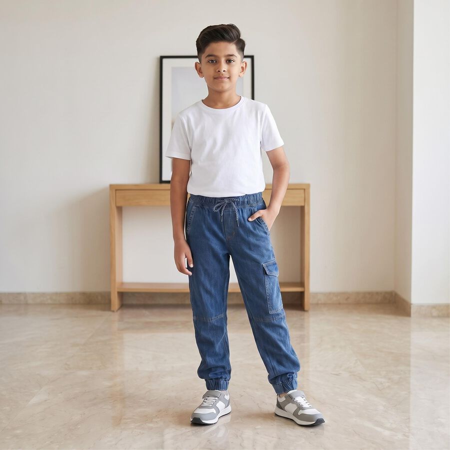 Boys' Blue Relaxed Fit Cargo Jeans, गहरा नीला, large
