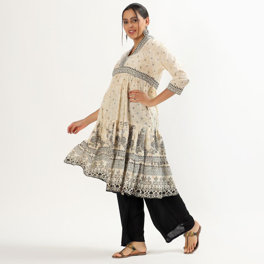 Women's Muted Beige Cotton V-Neck Floral Printed Kurta, Beige, large image number null