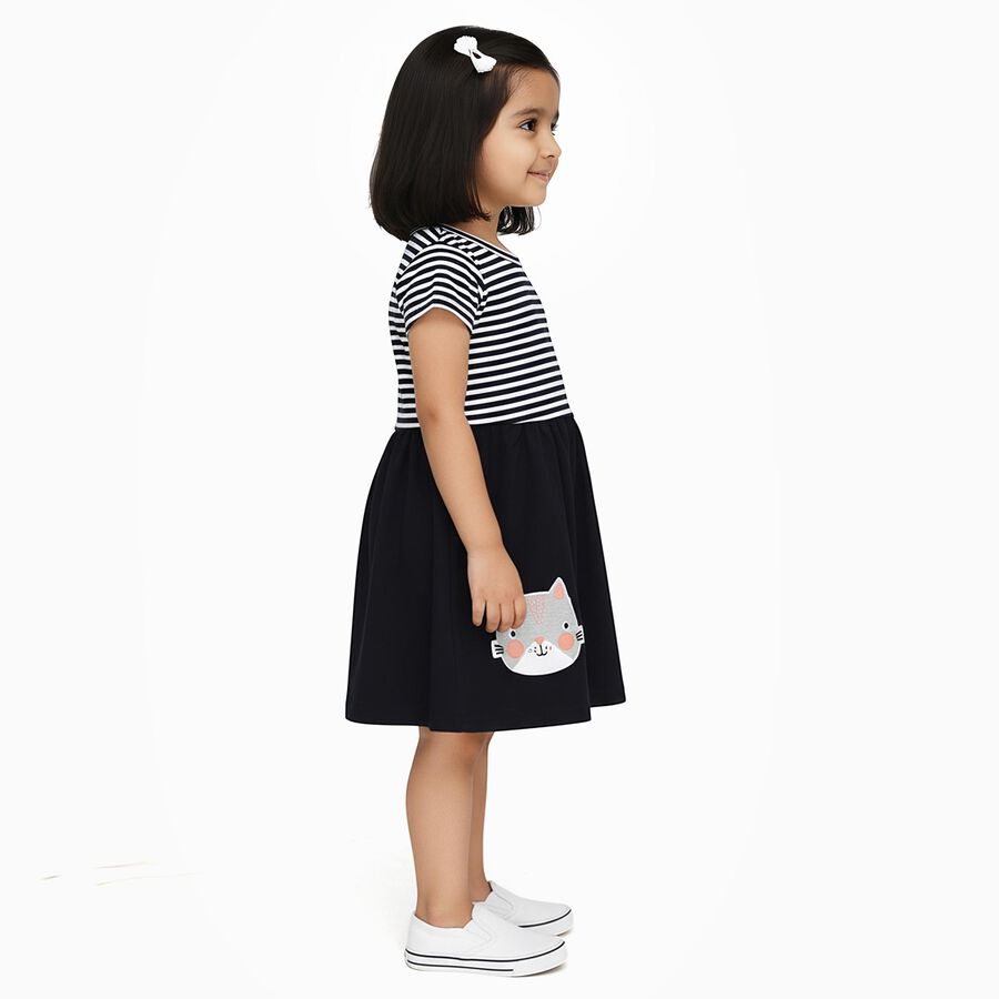 Girls' Black and White Striped Animal Applique Casual Frock, Navy Blue, large image number null