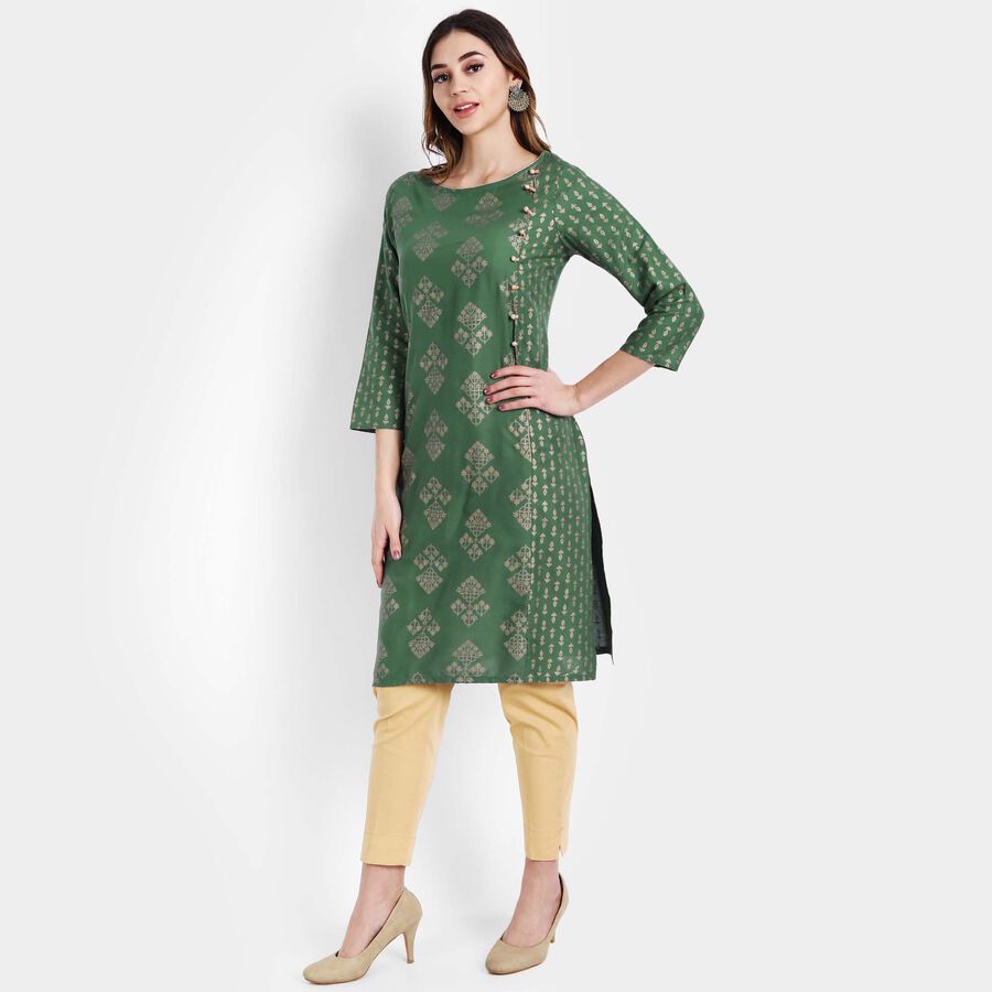Printed Straight Kurta, Dark Green, large image number null