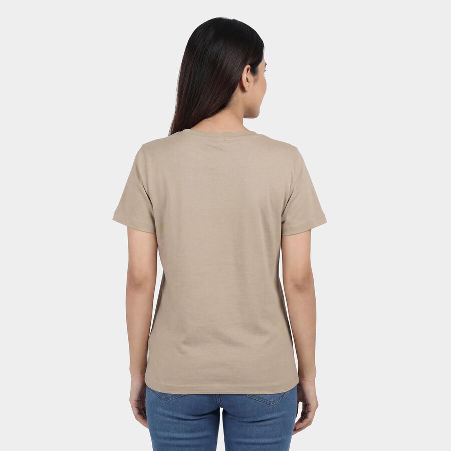 Women's Beige Cotton Blend Round Neck Graphic Print T-Shirt, Beige, large