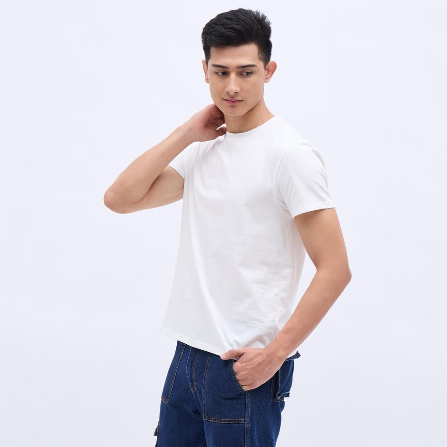 Men's Snow White Cotton Round Neck Tee Shirt, White, large image number null