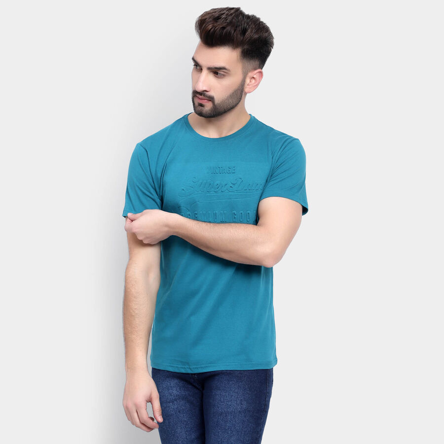 Cotton Solid Round Neck T-Shirt, Teal Blue, large image number null