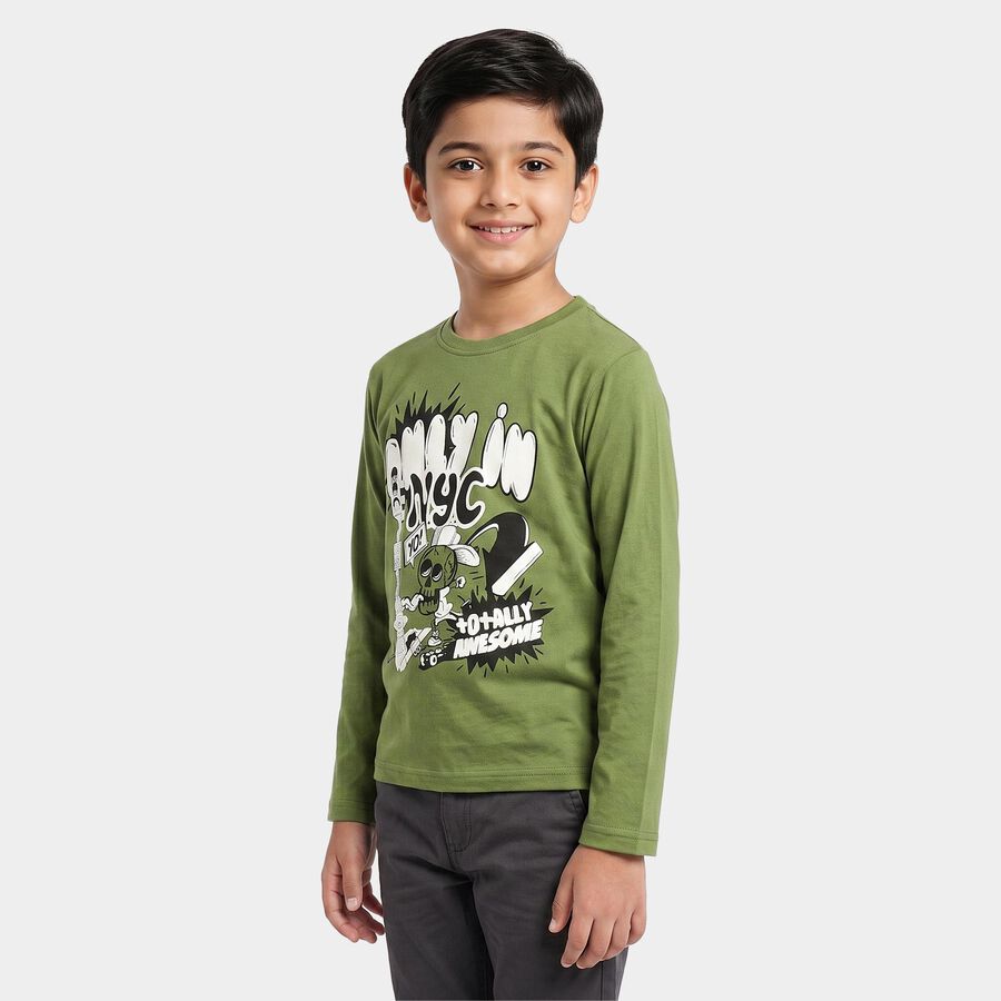 Boys Olive Green Cotton Blend Crew Neck Regular T-Shirt, ओलिव, large