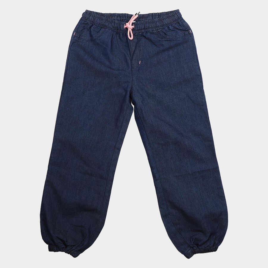 Girls' Navy Blue Jogger Fit Drawstring Jeans, मध्यम नीला, large