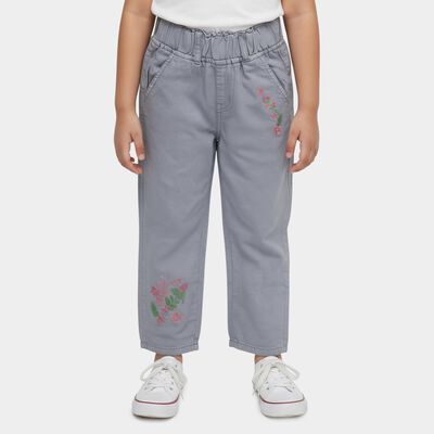 Girls' Muted Steel Grey Relaxed Fit Floral Embroidered Jeans