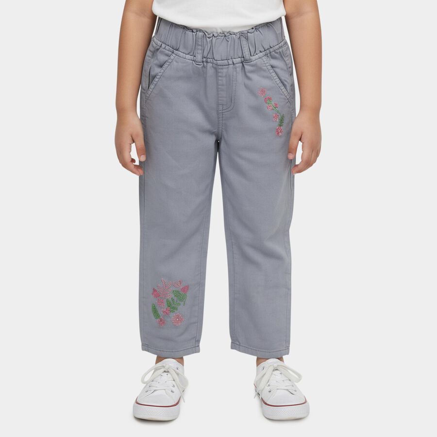 Girls' Muted Steel Grey Relaxed Fit Floral Embroidered Jeans, Light Grey, large