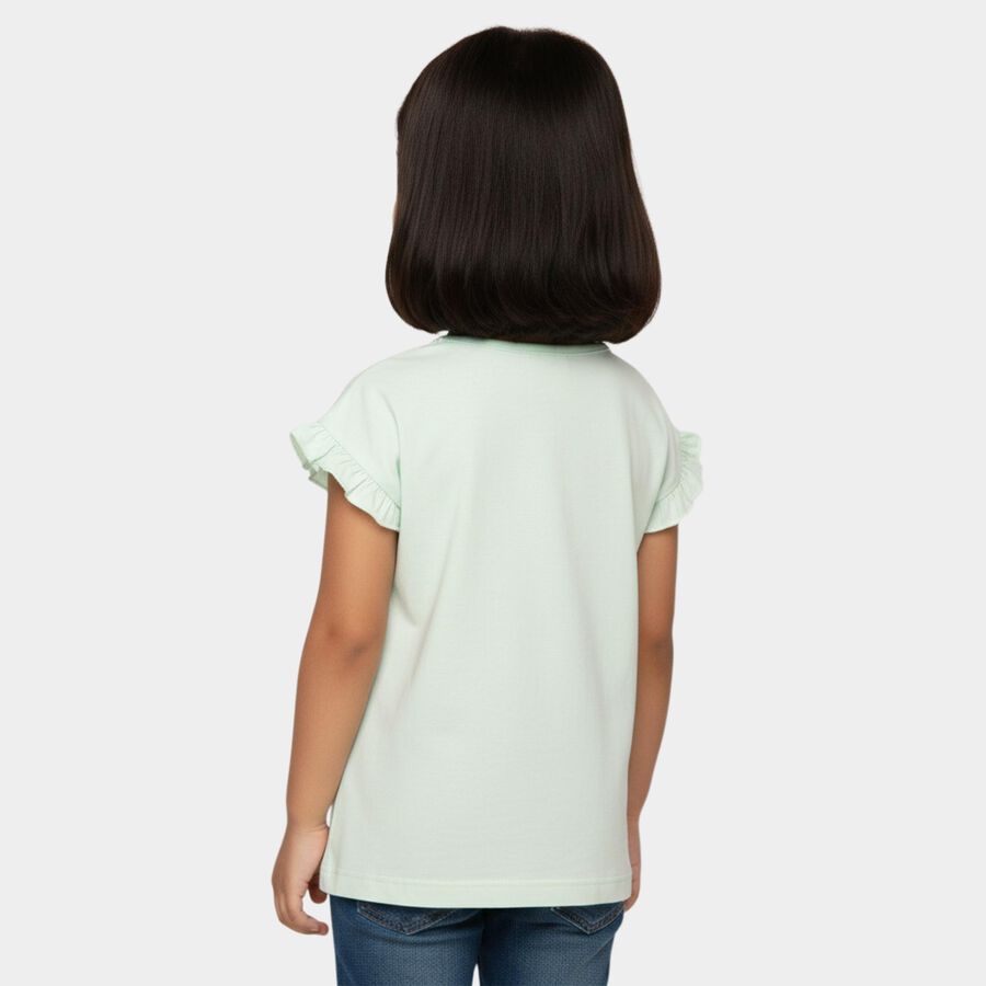 Girls' Mint Green Cotton Round Neck Graphic Print Ruffle Sleeve T-Shirt, Light Green, large