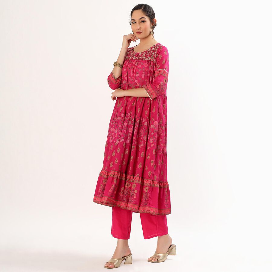 Women's Bright Magenta Pink Cotton Embroidered Ethnic Set, Fuchsia, large image number null