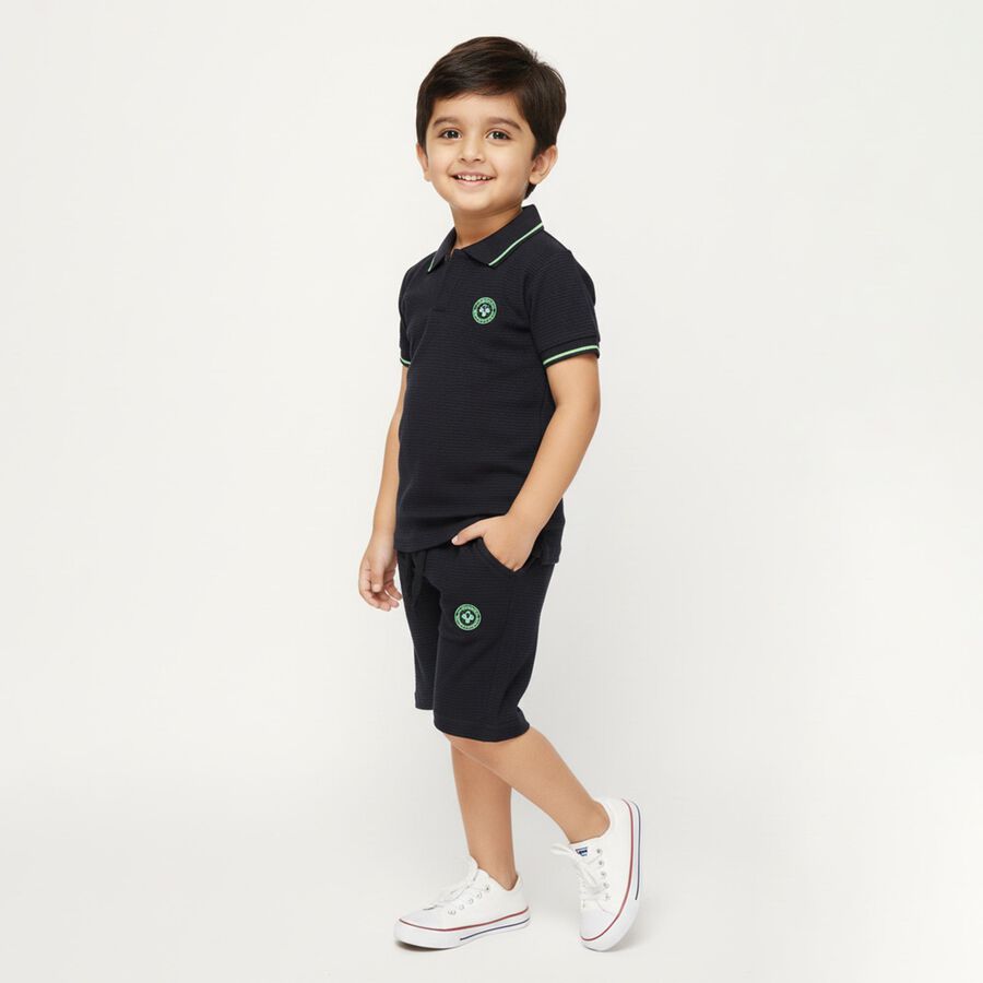Boys' Navy Cotton Blend Polo Neck Textured Baba Suit, नेवी ब्लू, large image number null