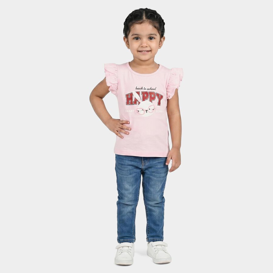 Girls Pink Cotton Round Neck Regular T-Shirt, Light Pink, large