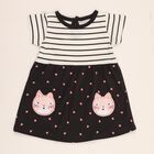 Infants' Black and White Striped Cotton Cat Print Frock, Dark Grey, small image number null