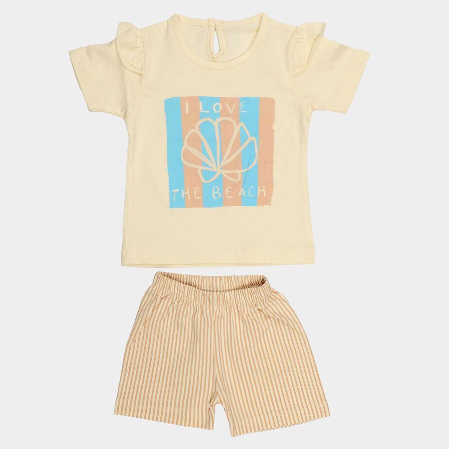 Infants Beige Cotton Crew Neck Short Set Upper and Bottom Set, Beige, large