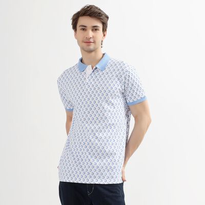 Men's Light Blue Cotton Polo Neck Printed T-Shirt