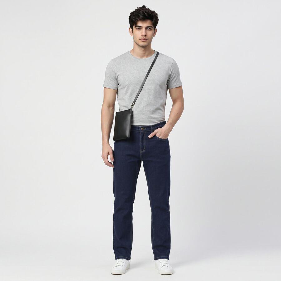 Men's Navy Blue Straight Fit Washed Jeans, मध्यम नीला, large